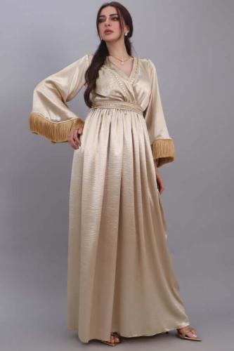 Embroidered dress design jalabiya decorated with gold fringe المقاس:(M)