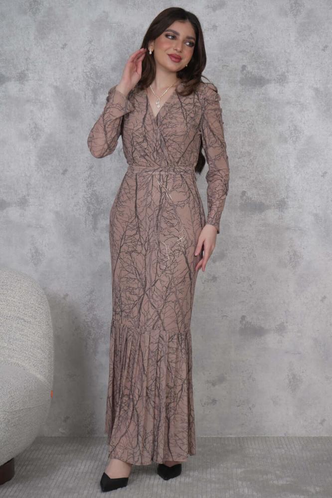 Long tulle dress with a tie at the waist المقاس:(XL - 42)