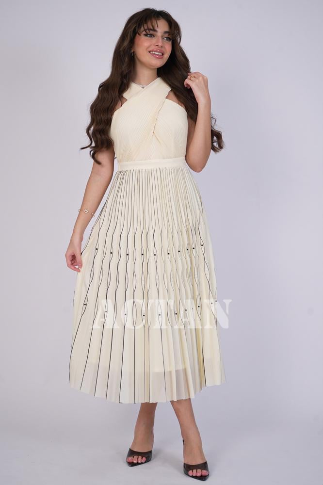 Beige pleated midi dress المقاس:(XL - 42)