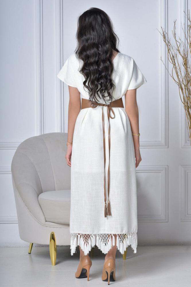 Sugar-colored fringed wrap dress with belt المقاس:(L)