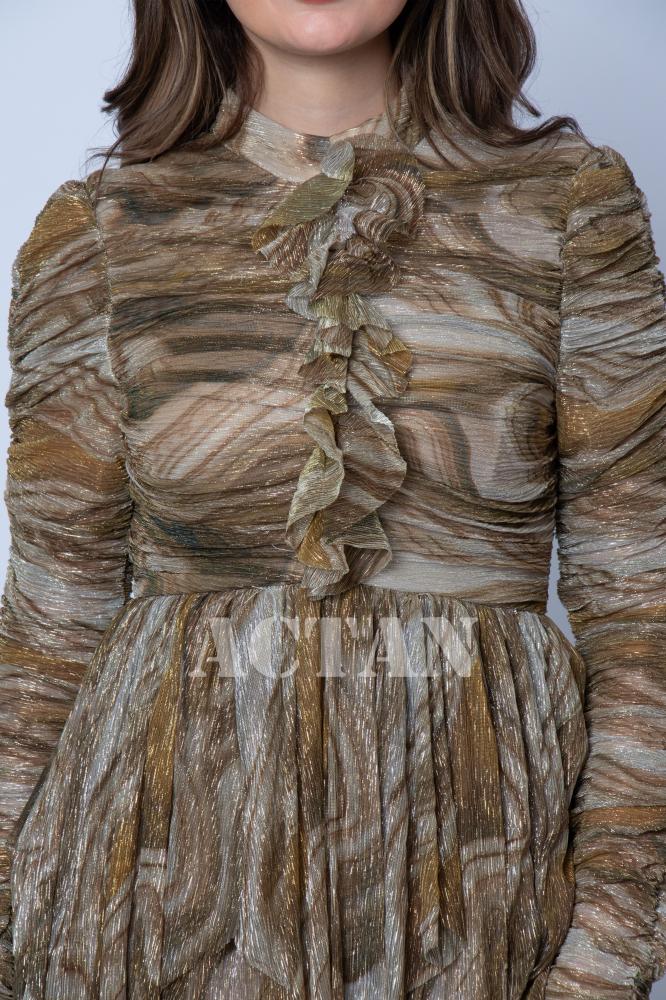 Khaki Asymmetric Ruffle Chiffon Dress المقاس:(S - 36)