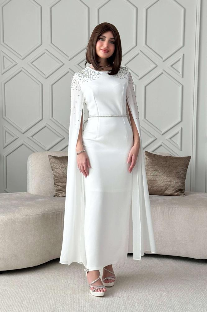 White chiffon cape sleeve midi dress المقاس:(XXL - 44)