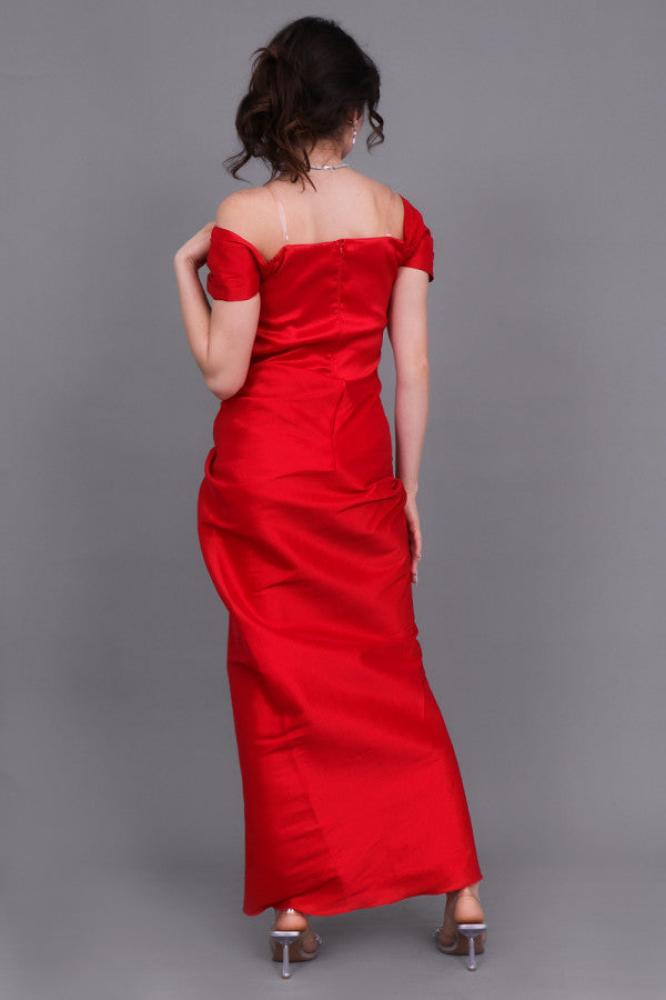 Red off-shoulder pleated evening dress المقاس:(XL)