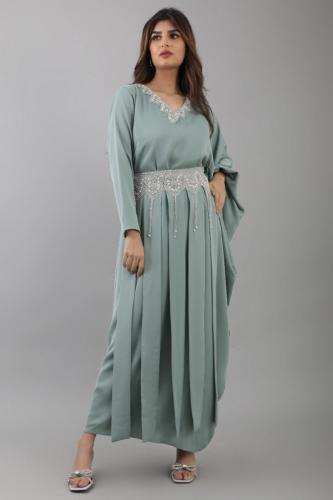 Modern jalabiya with a distinctive design, embroidered with beads and pearls, Tiffany color المقاس:(L)