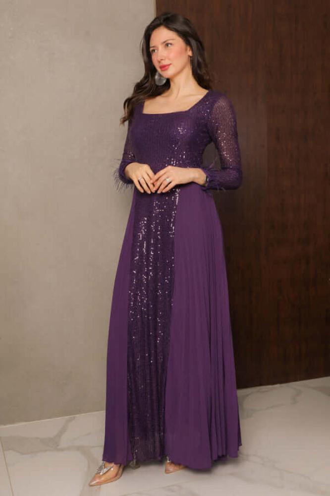 Long purple chiffon pleated sequin evening dress المقاس:(L - 40)