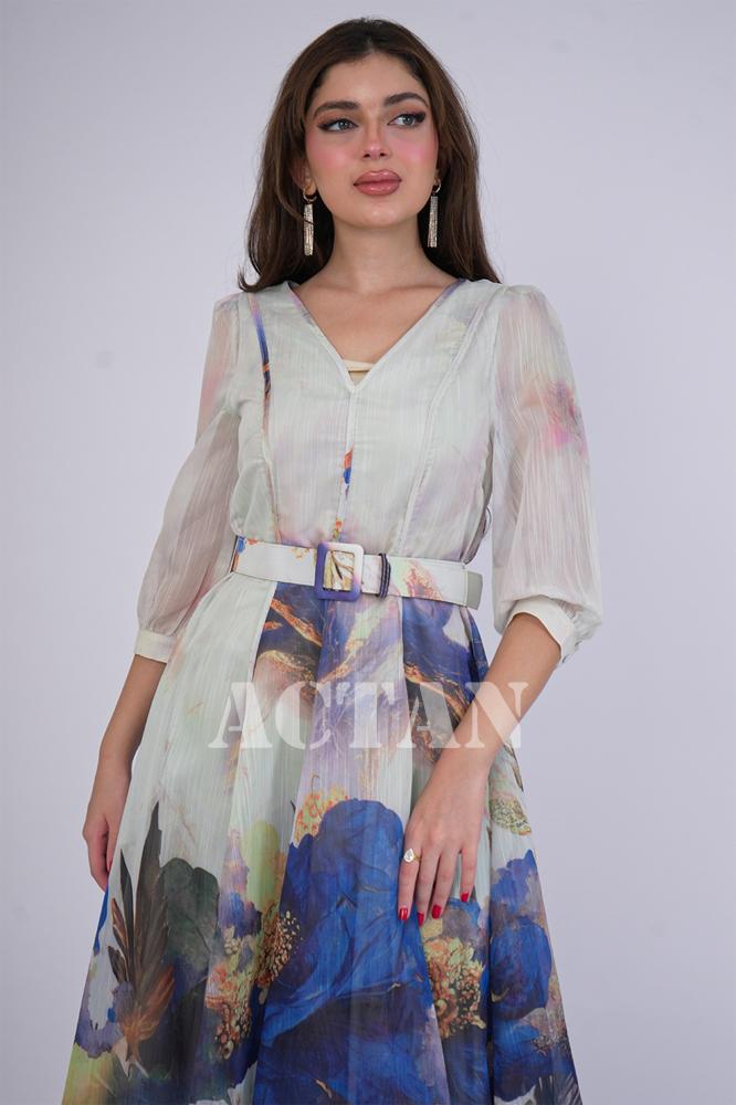 Elegant blue floral midi dress المقاس:(S - 36)
