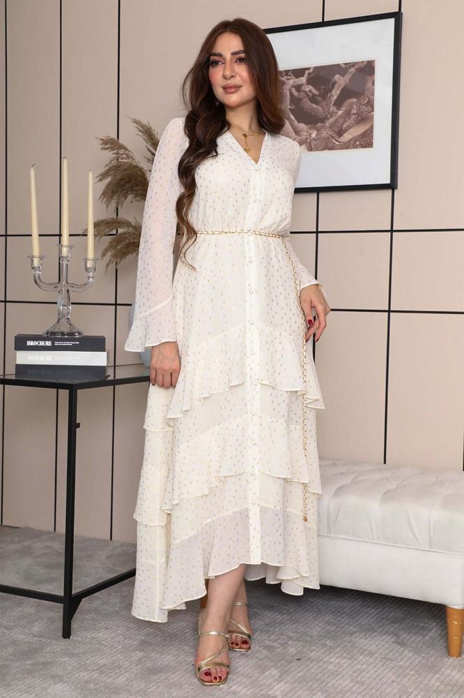 Gold Polka Dot Tiered Midi Dress المقاس:(L - 40)
