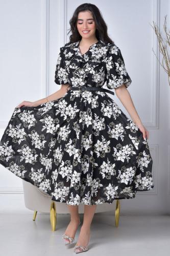 Black embroidered floral cloche dress المقاس:(L)