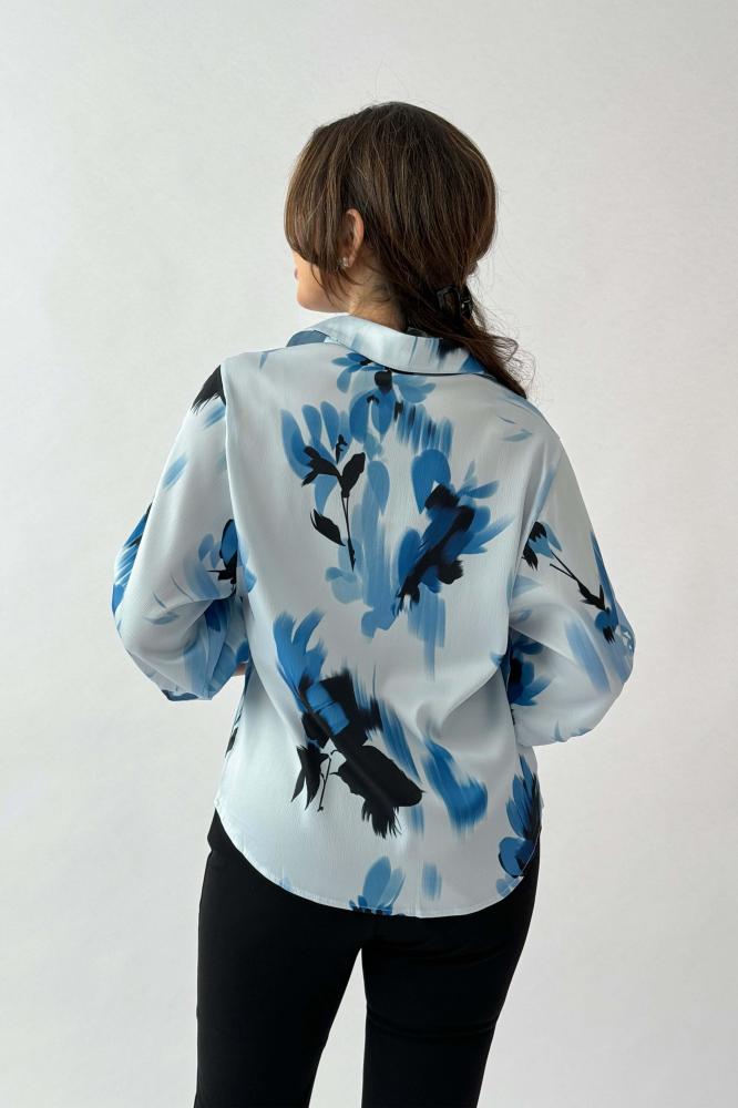 Blue 3/4 Sleeve Floral Print Satin Shirt المقاس:(L - 40)