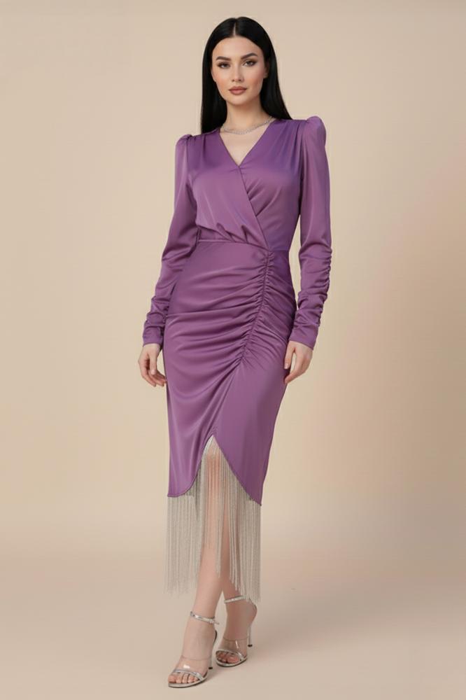 Purple Crystal Tassel Pleated Dress المقاس:(L)