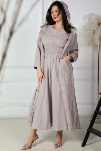 Beige hooded coat and waist dress set المقاس:(S)