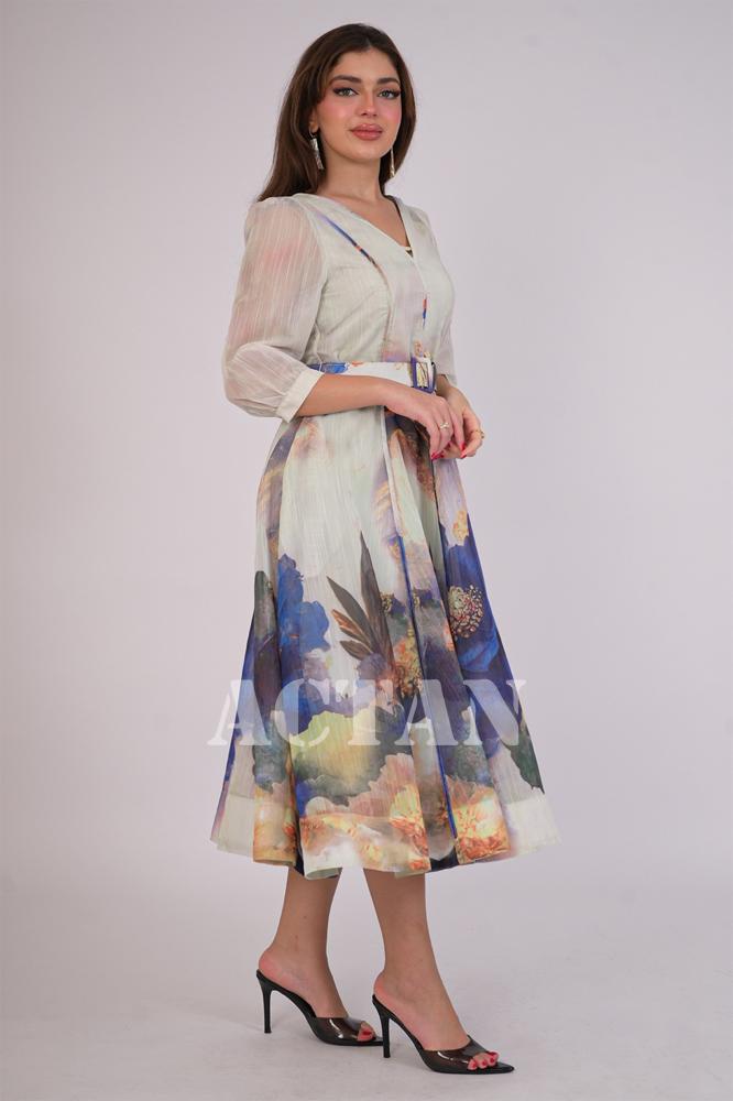 Elegant blue floral midi dress المقاس:(S - 36)