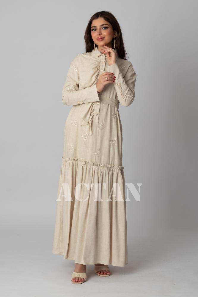 Beige linen maxi dress المقاس:(L - 40)
