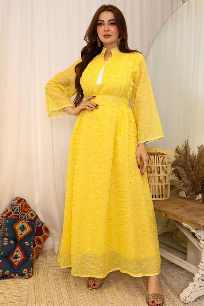 Yellow maxi long-sleeved jalabiya with belt المقاس:(S)