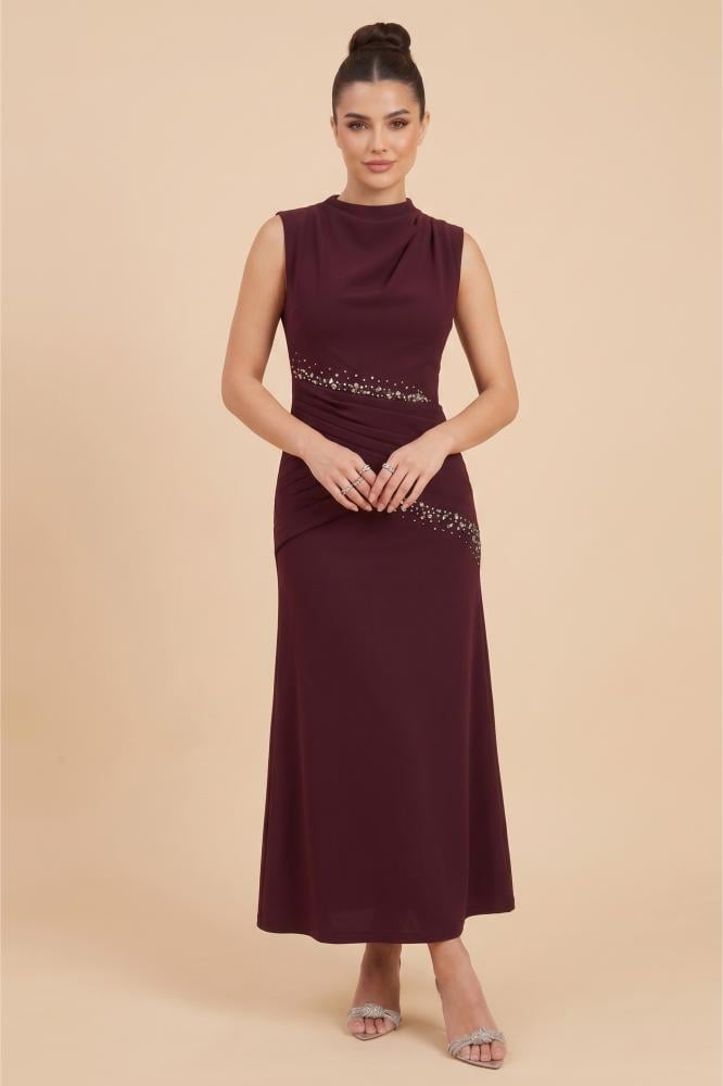 Burgundy pleated midi dress المقاس:(L - 40)