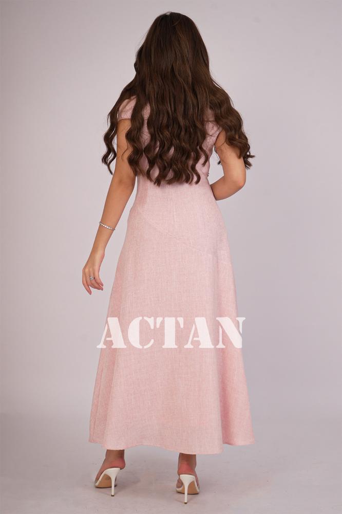 Pink Pearl Embellished Linen Maxi Dress المقاس:(L - 40)