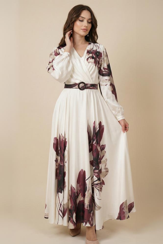 Burgundy Floral Print Satin Maxi Dress المقاس:(S - 36)