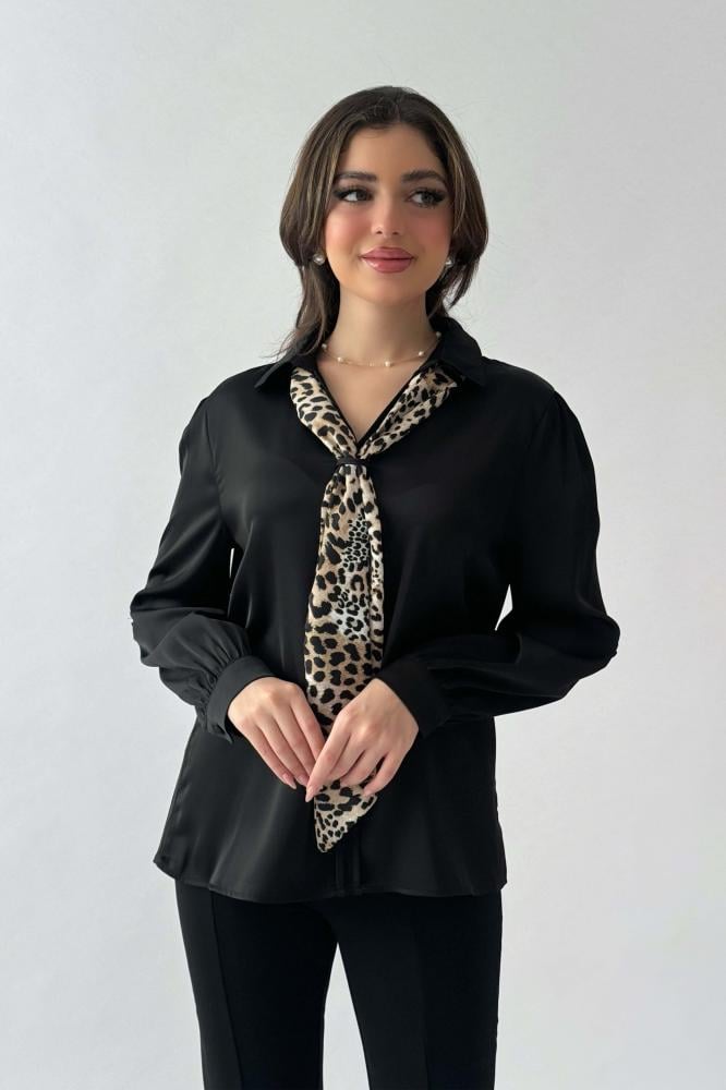 Black satin blouse with leopard print المقاس:(L - 40)