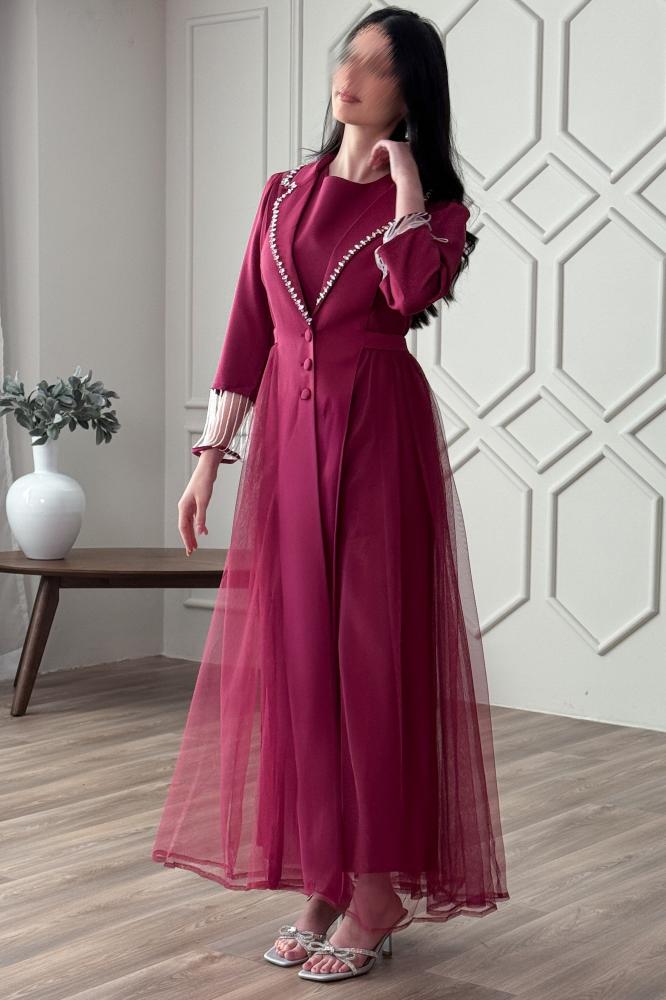 Purple Crystal Embellished Tulle Two-Piece Dress Size:(M - 38)