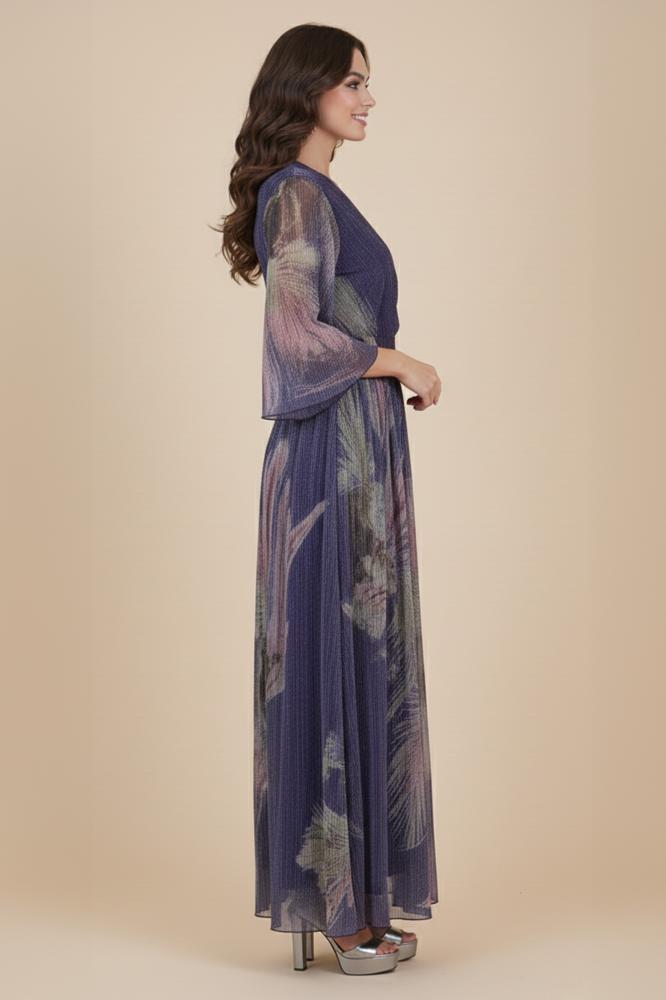 Purple floral pleated maxi dress المقاس:(M - 38)
