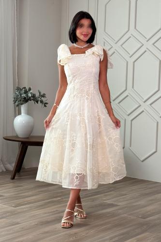 Beige midi dress with dropped shoulders and bow at the back المقاس:(L - 40)