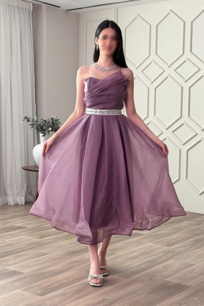 Purple shiny belted cloche dress المقاس:(L)