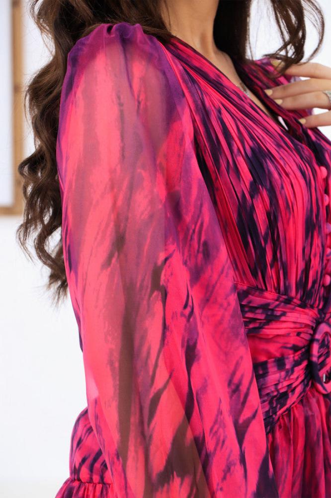 Fuchsia Ruffle Wavy Maxi Dress المقاس:(L - 40)