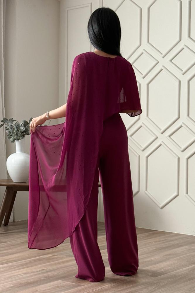 Fuchsia sequin jumpsuit with scarf المقاس:(L)