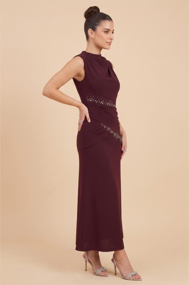 Burgundy pleated midi dress المقاس:(L - 40)
