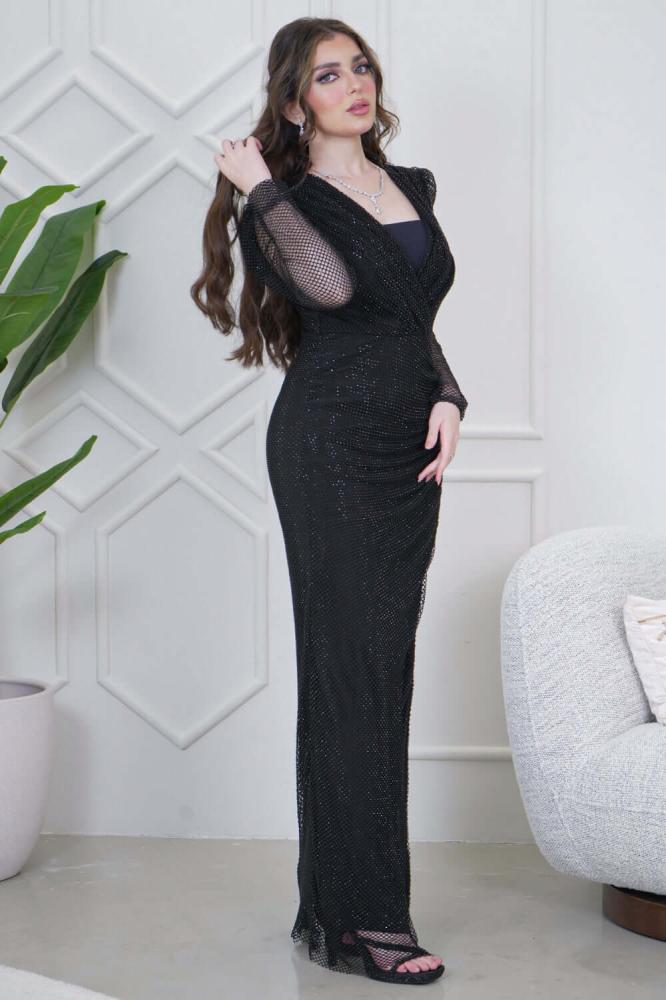 Black long mesh dress decorated with stones المقاس:(S)