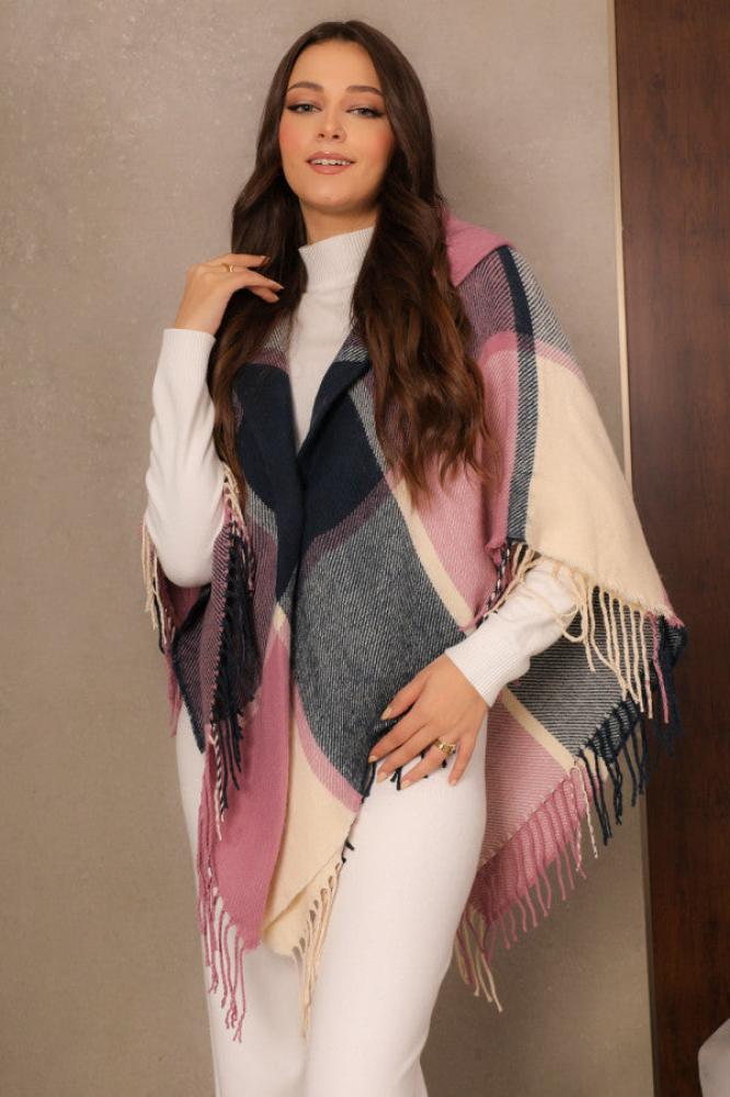 Elegant plaid winter shawl with a triangular cut, pink المقاس:(Free Size)