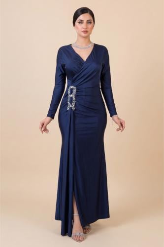 Navy blue maxi dress with slit and gathered waist المقاس:(XL - 42)