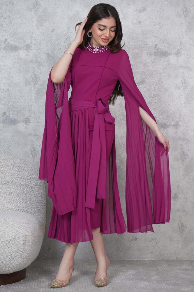 Fuchsia Crystal Embellished Straight Two-Piece Midi Dress المقاس:(L - 40)