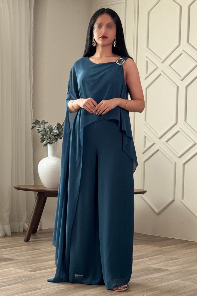Turquoise One Shoulder Jumpsuit with Long Scarf المقاس:(L - 40)