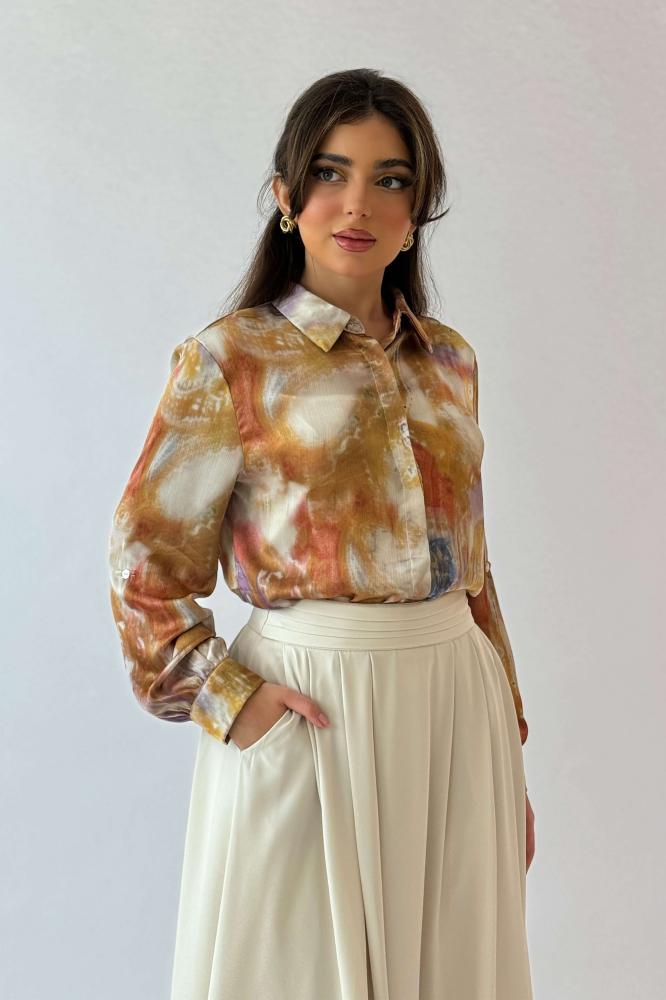 Orange Wave Print Turn-Down Collar Shirt المقاس:(XXL - 44)