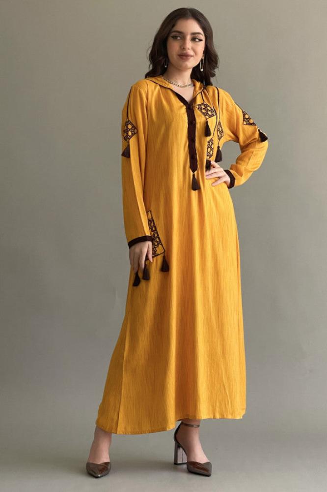 Embroidered caftan with tassels, cumin color المقاس:(S)