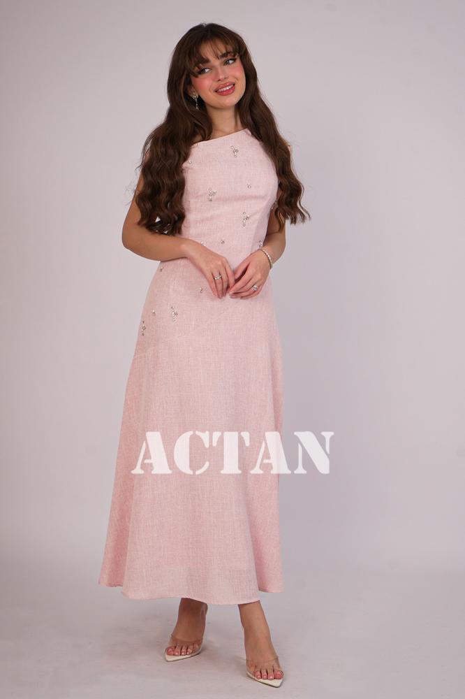 Pink Pearl Embellished Linen Maxi Dress المقاس:(L - 40)