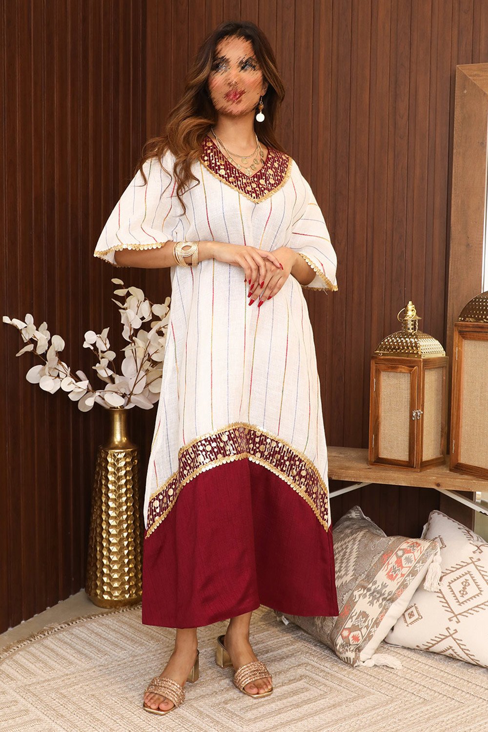 Striped midi jalabiya with gold detailing