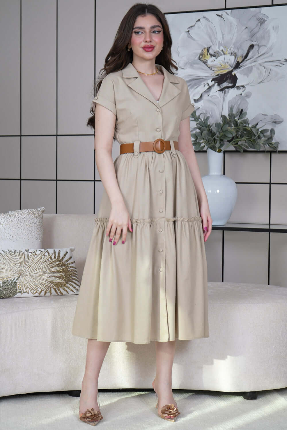 Beige pleated collar linen dress