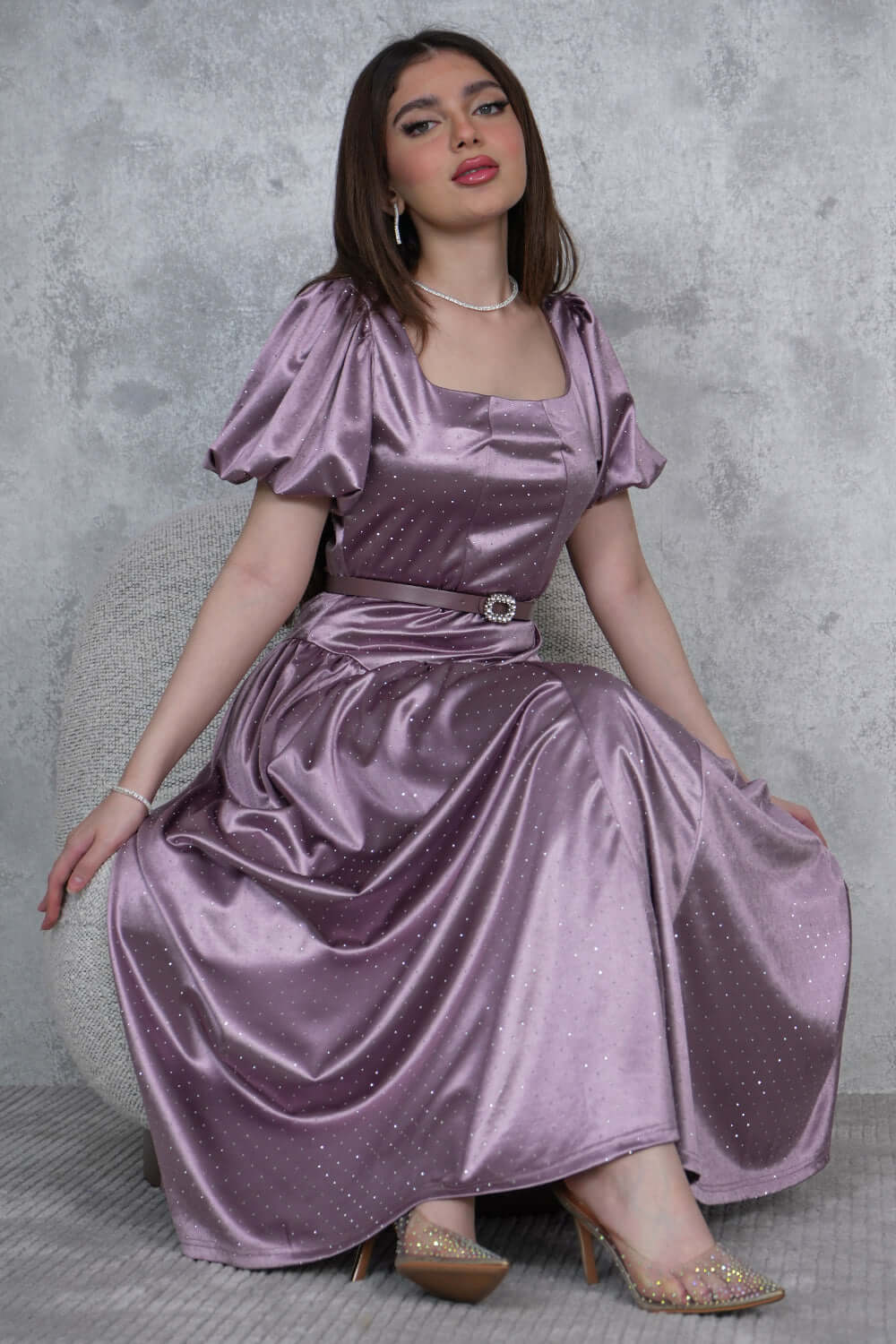 Purple Sequin Maxi Dress with Puff Sleeves