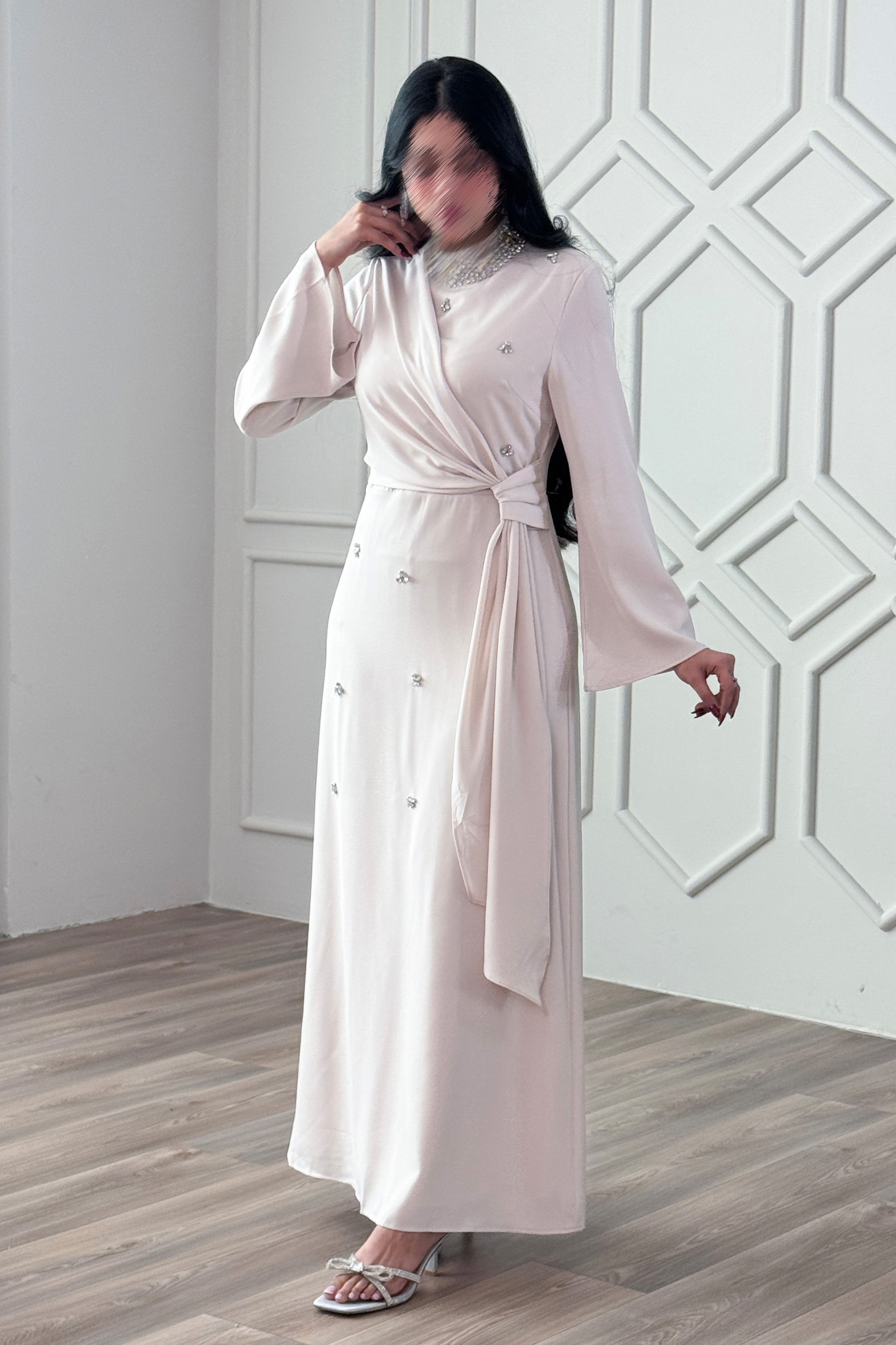Beige Crystal-Embellished Collar Maxi Dress
