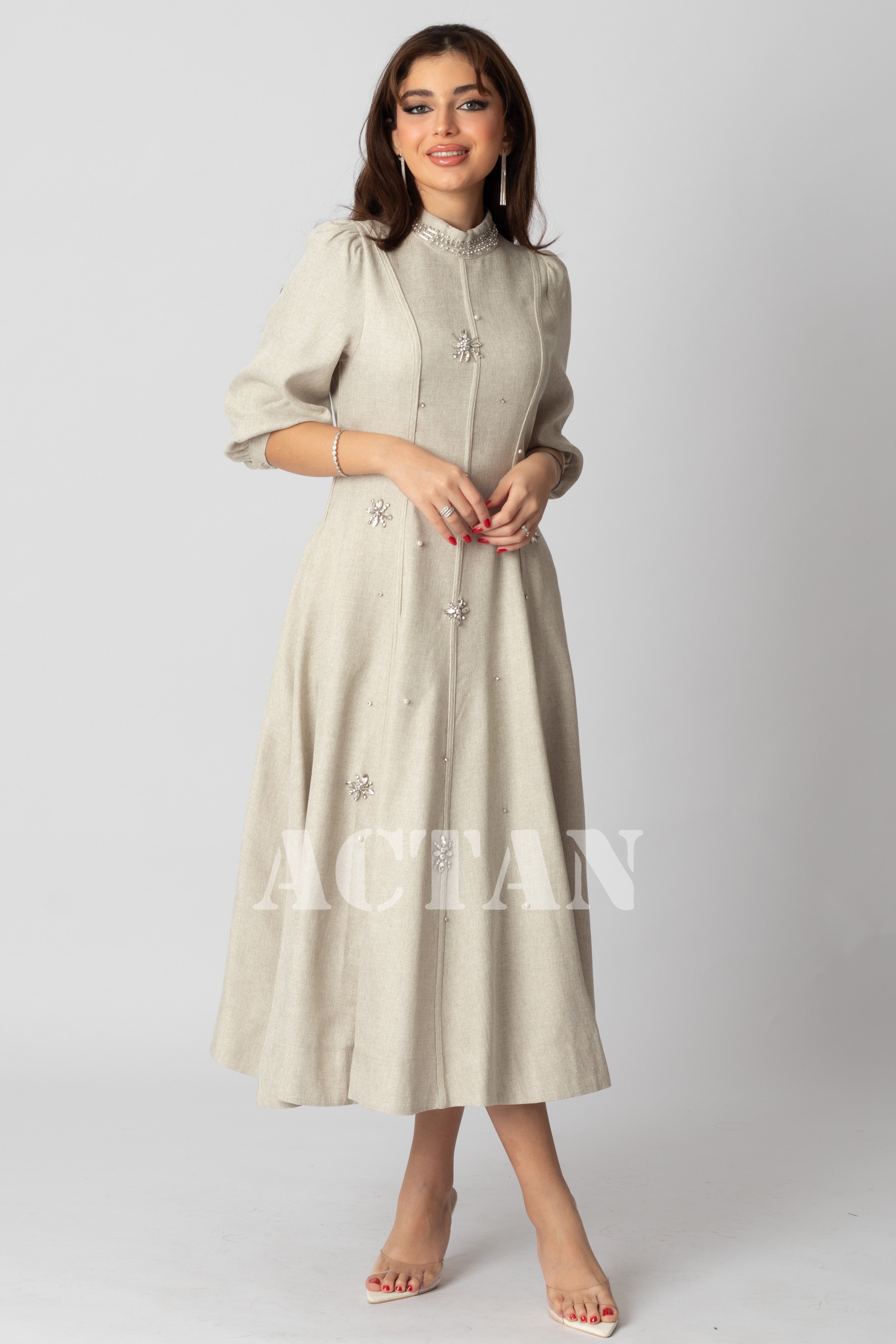 Beige crystal-embellished linen midi dress