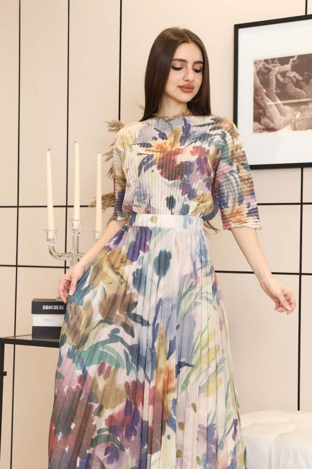 Floral pleated skirt and blouse set
