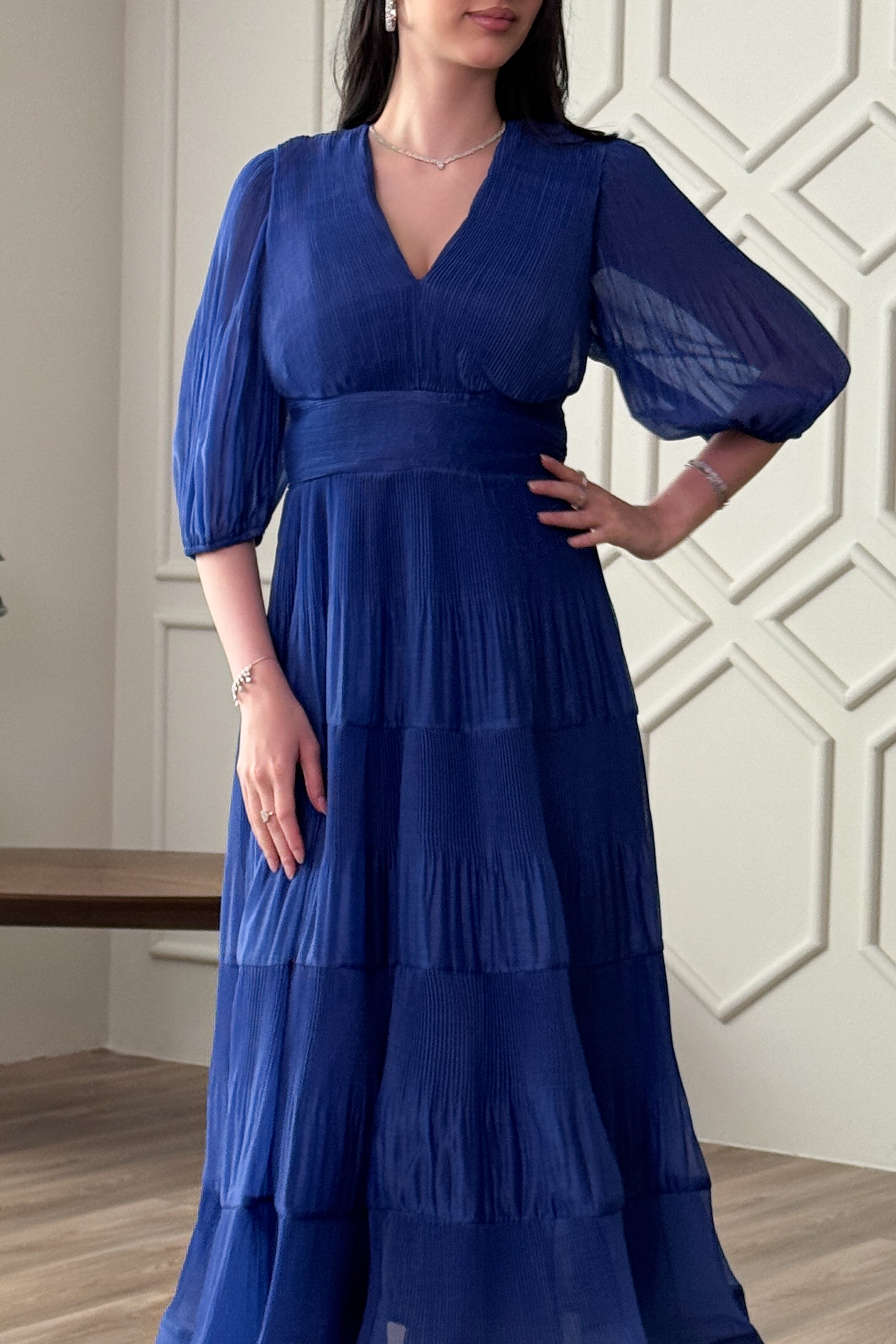 Blue pleated midi dress