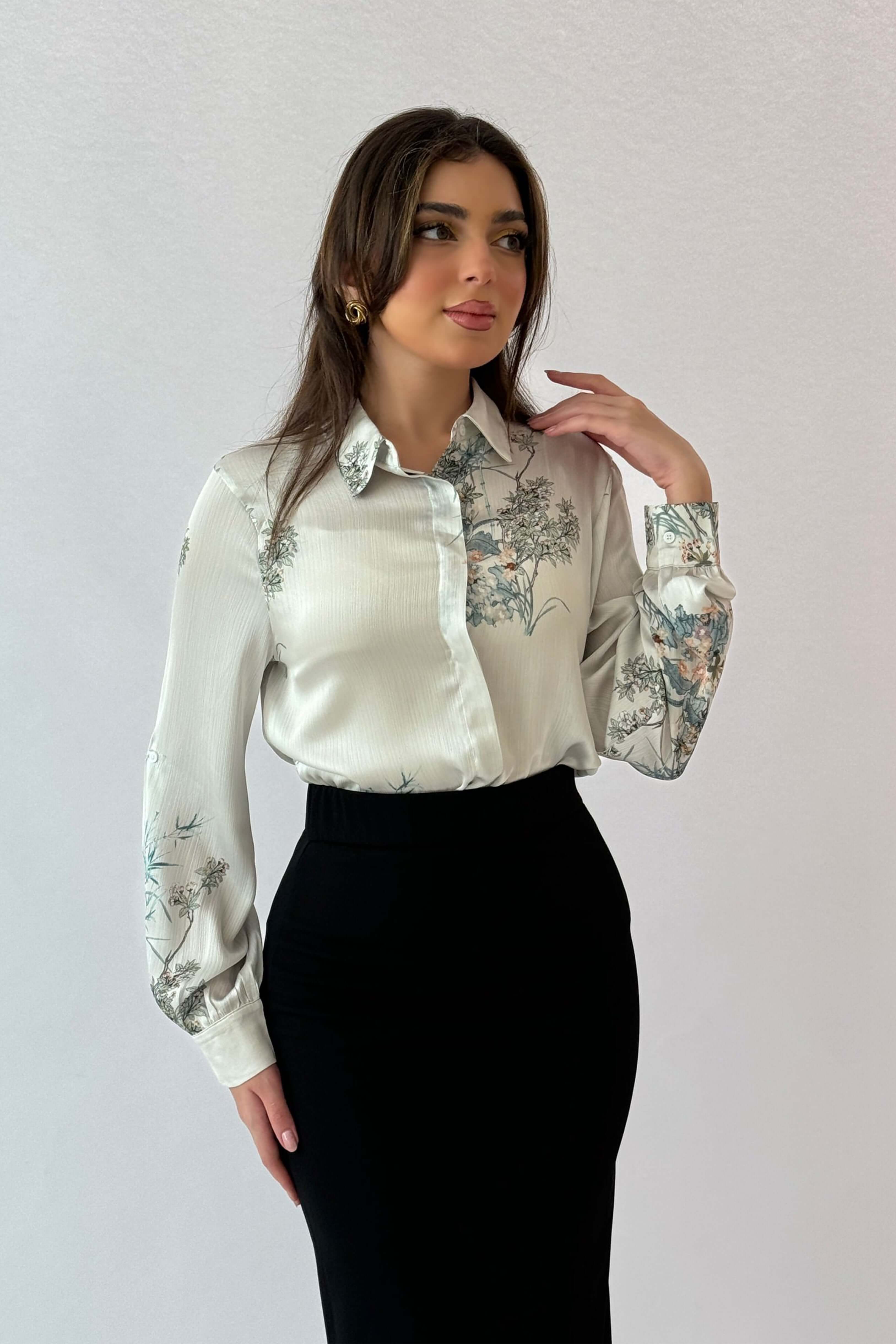 Beige tree print button-up shirt