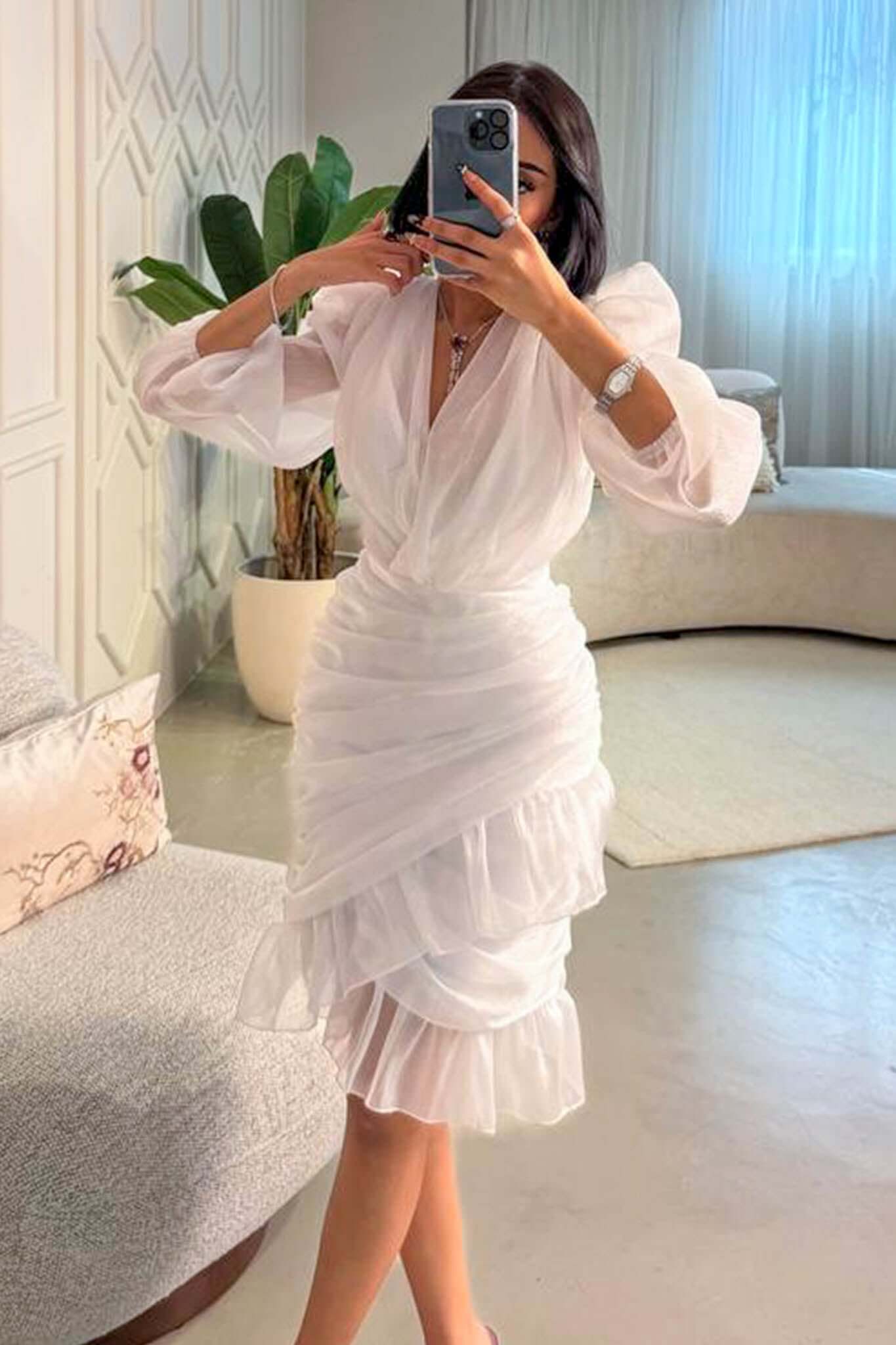 Short, draped, shiny, sugar-colored dress