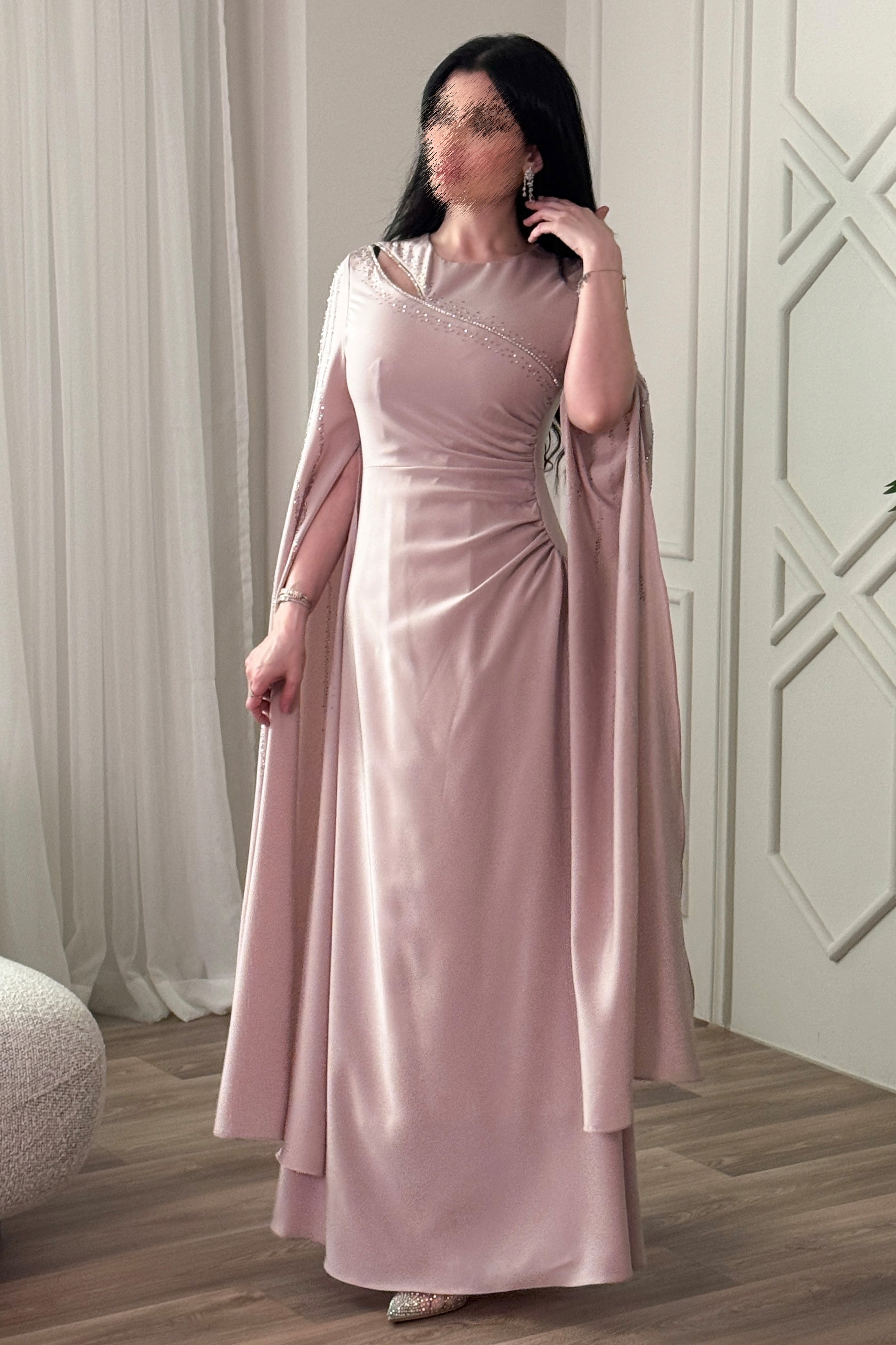 Pink Cape Maxi Dress with Slit on Chest