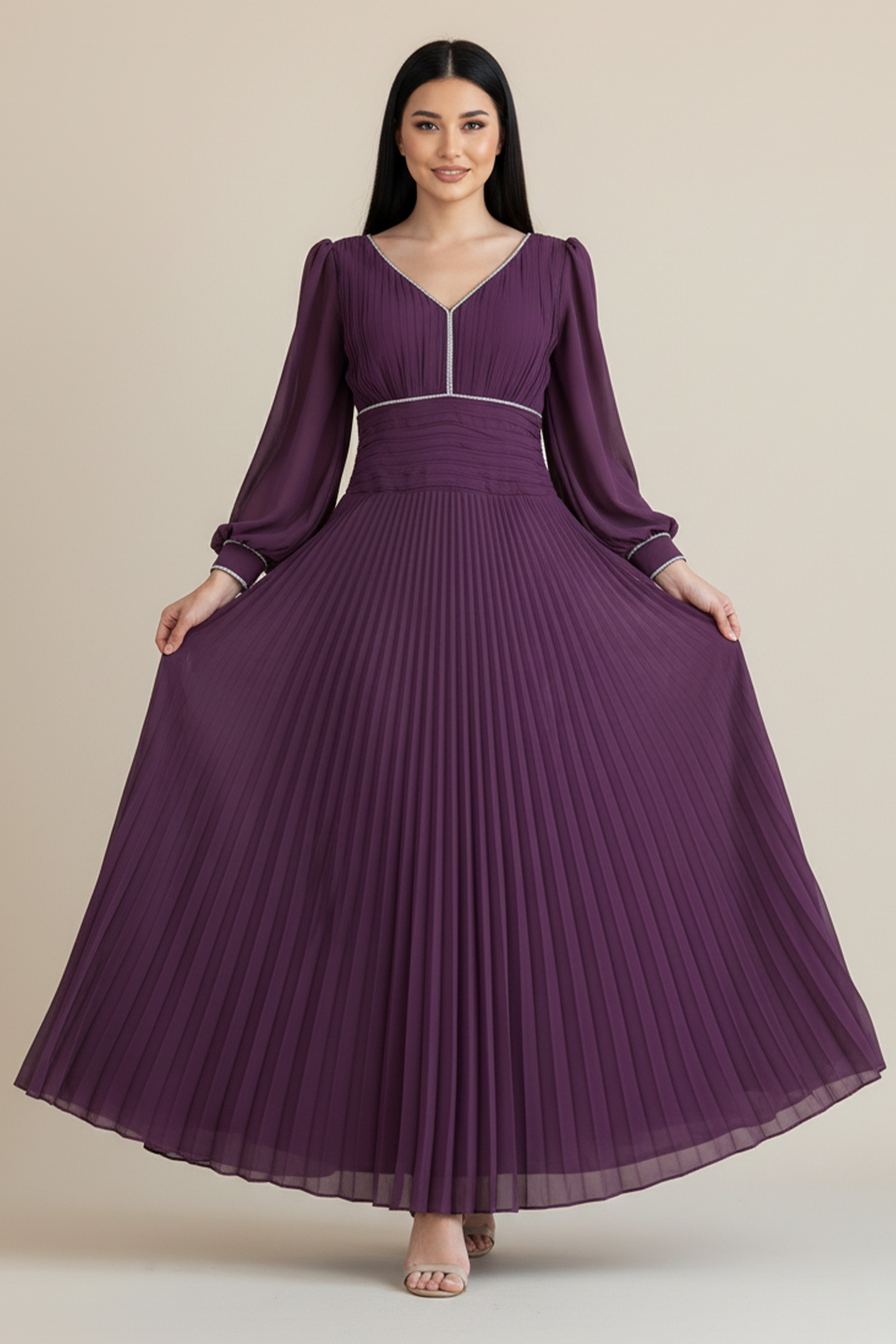 Purple Chiffon Pleated Dress with Crystal Ribbon
