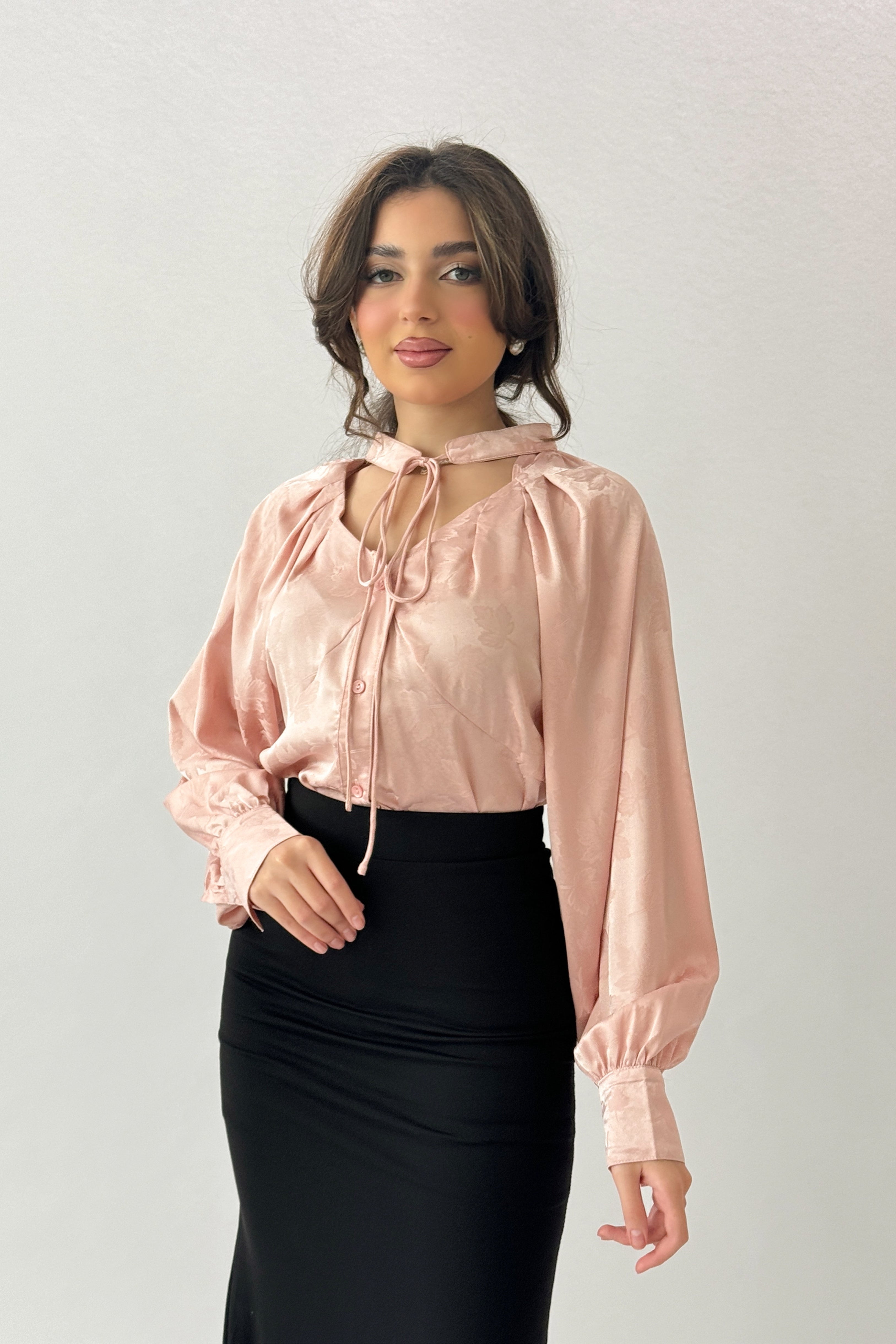 Pink Leaf Print Tie Neck Blouse