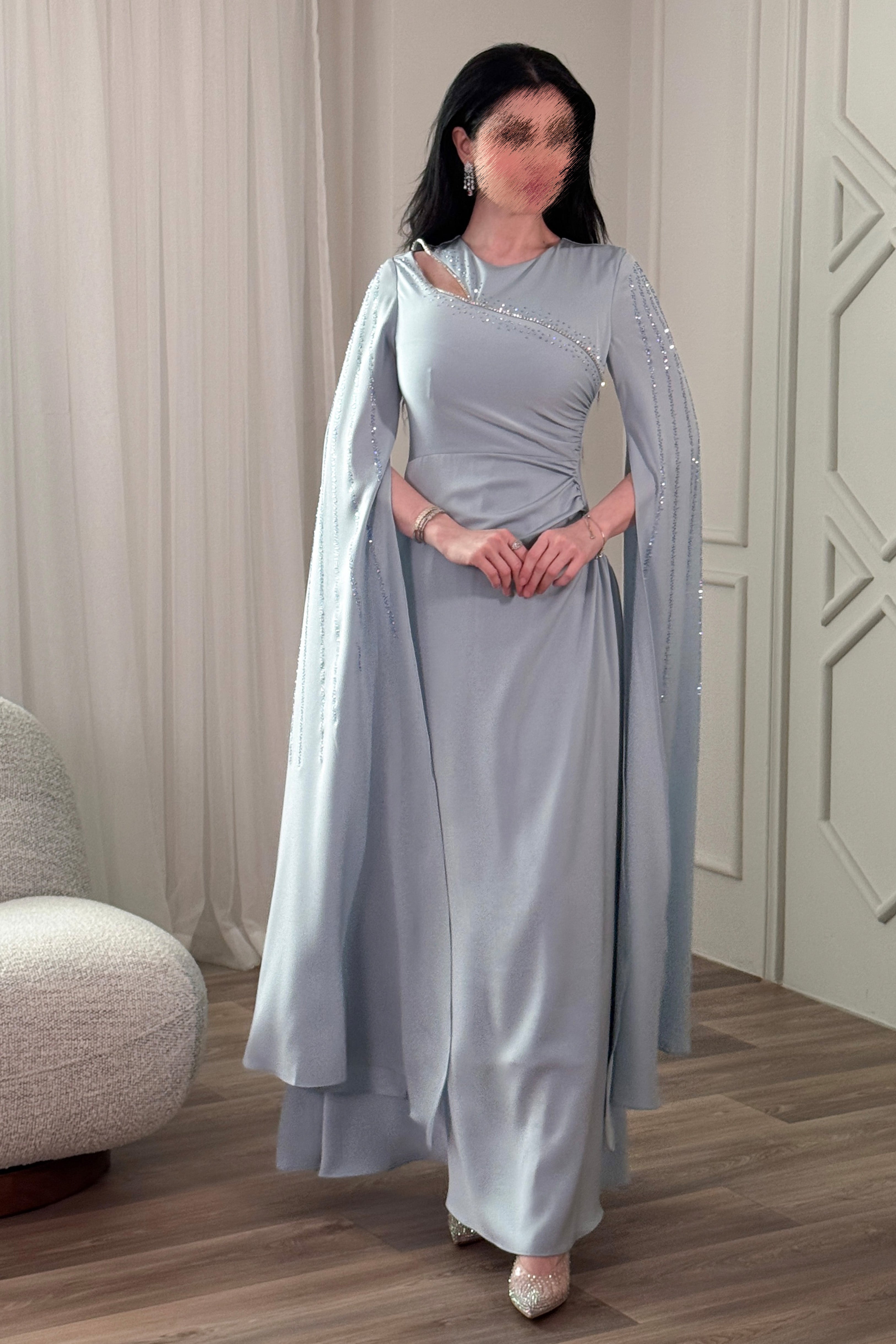 Light Blue Cape Maxi Dress with Slit on Chest